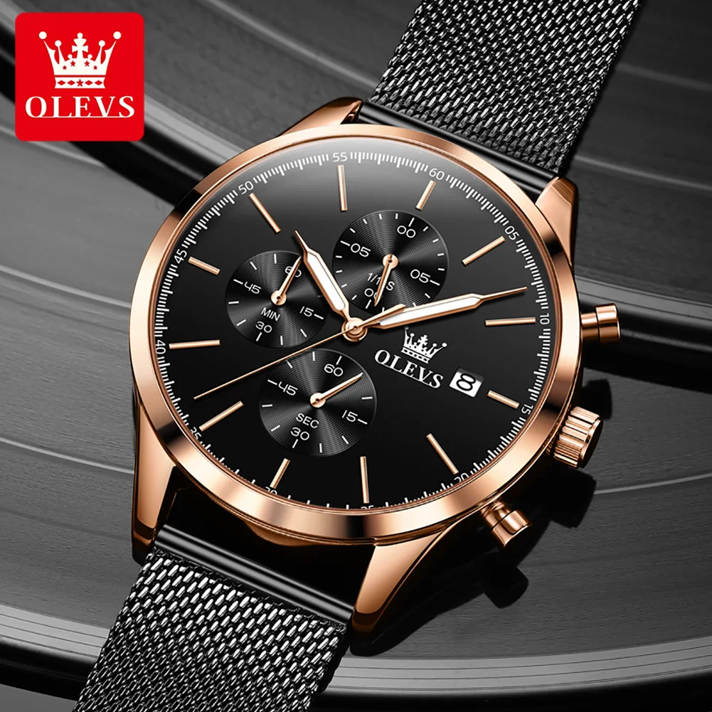 OLEVS Chronograph Men\'s Watches Fashion 42mm Dial Original Quartz Wristwatch Waterproof Stainless Steel Mesh Strap Watch for Men