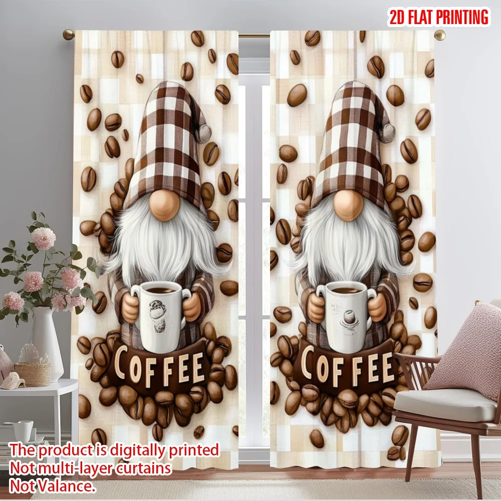 2pcs,2D plane printing Curtains Coffee Gnomes Durable Polyester (without rod) Room Decor Use for Living Room, Office, Kitchen,
