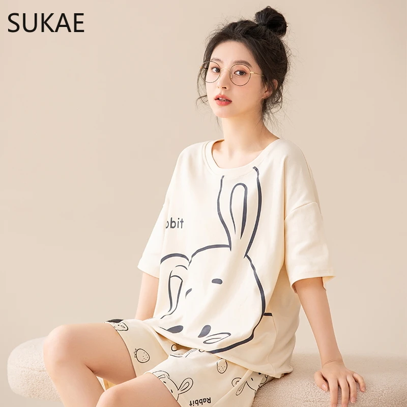 SUKAE 100% Pure Cotton Women Pajamas Summer Chic Cartoon Print Pijamas Girls Nightwear Short Sleeve Sleepwear O-neck Loungewear