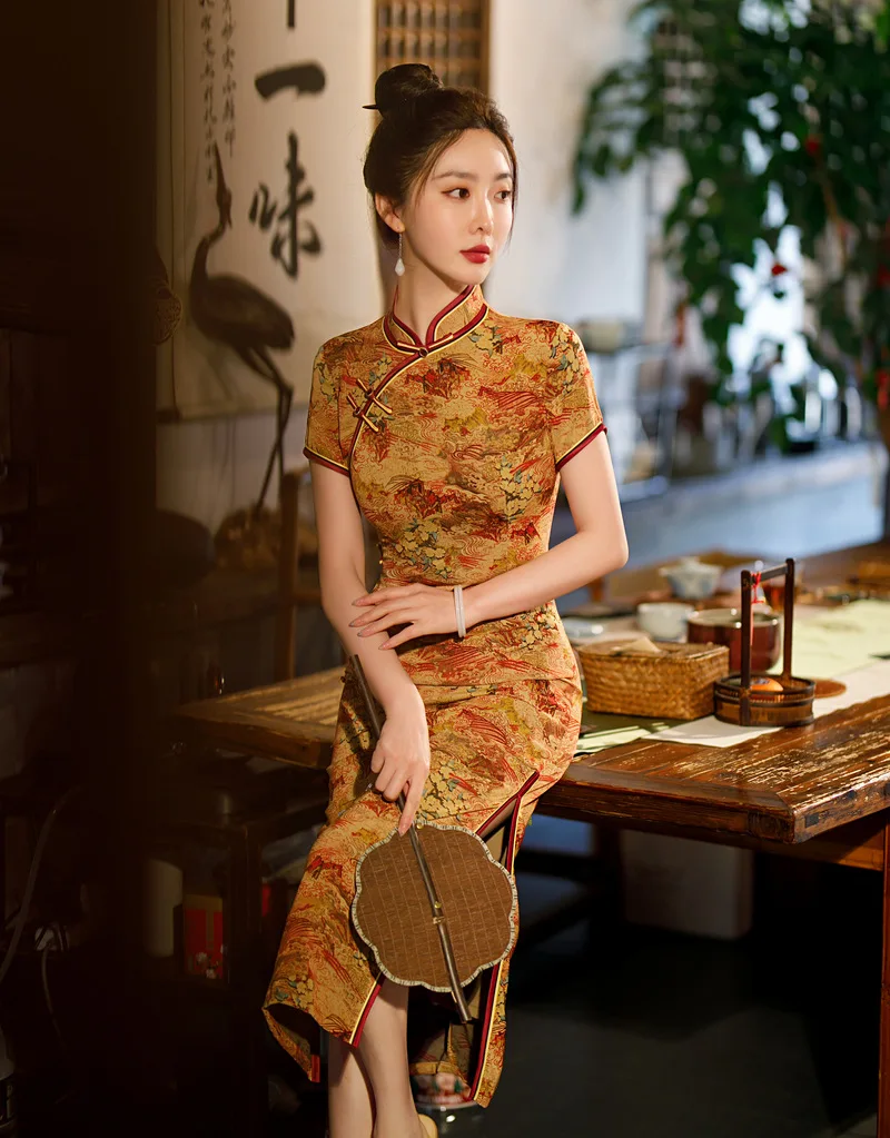 Modern Chinese Style Women Mandarin Collar Short Sleeve Qipao Traditional Improved High Split Cheongsam