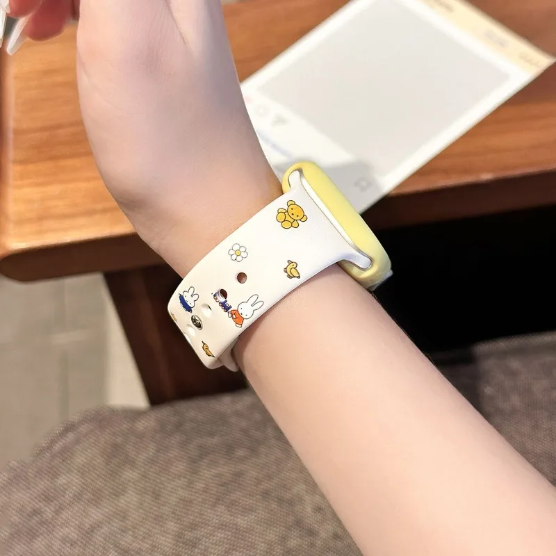 Miffy Kawaii Anime Cartoon Rabbit Watch Strap Yellow for Apple Watch 10Apple9/8iwatch Women's Model Silicone Cartoon Watch Strap