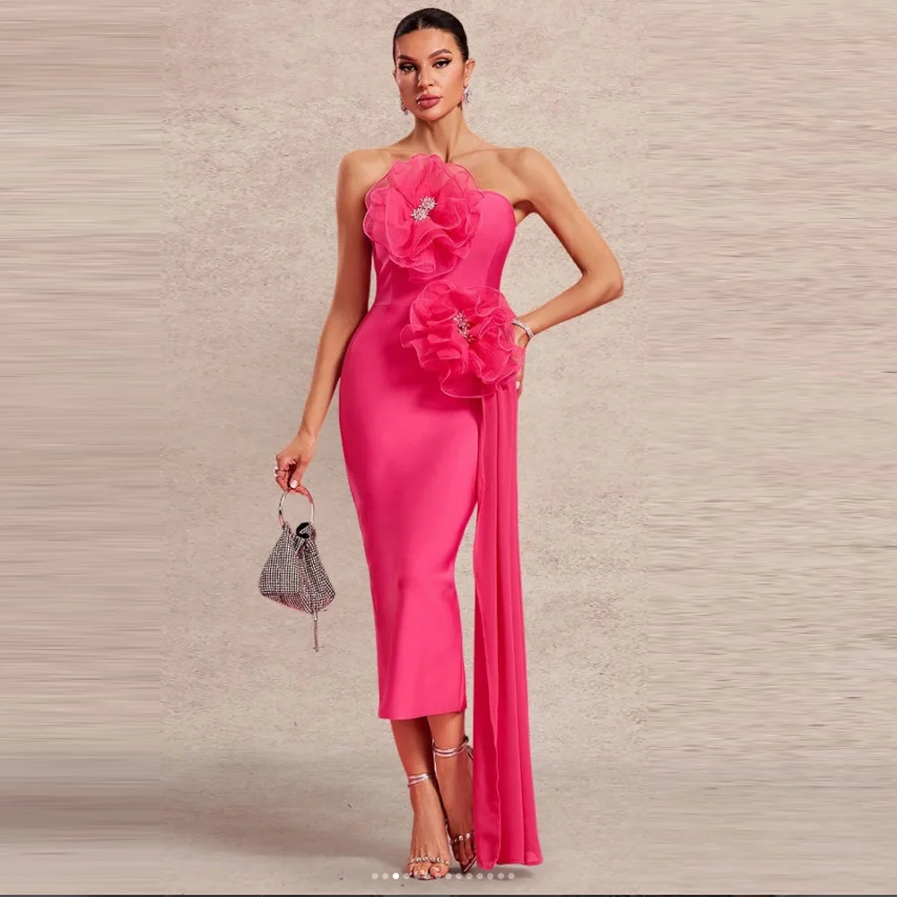 

Customized Elegant Sparkly Crystal Flower Strapless Bandage Long Evening Dress Women Luxury Birthday Prom Dresses