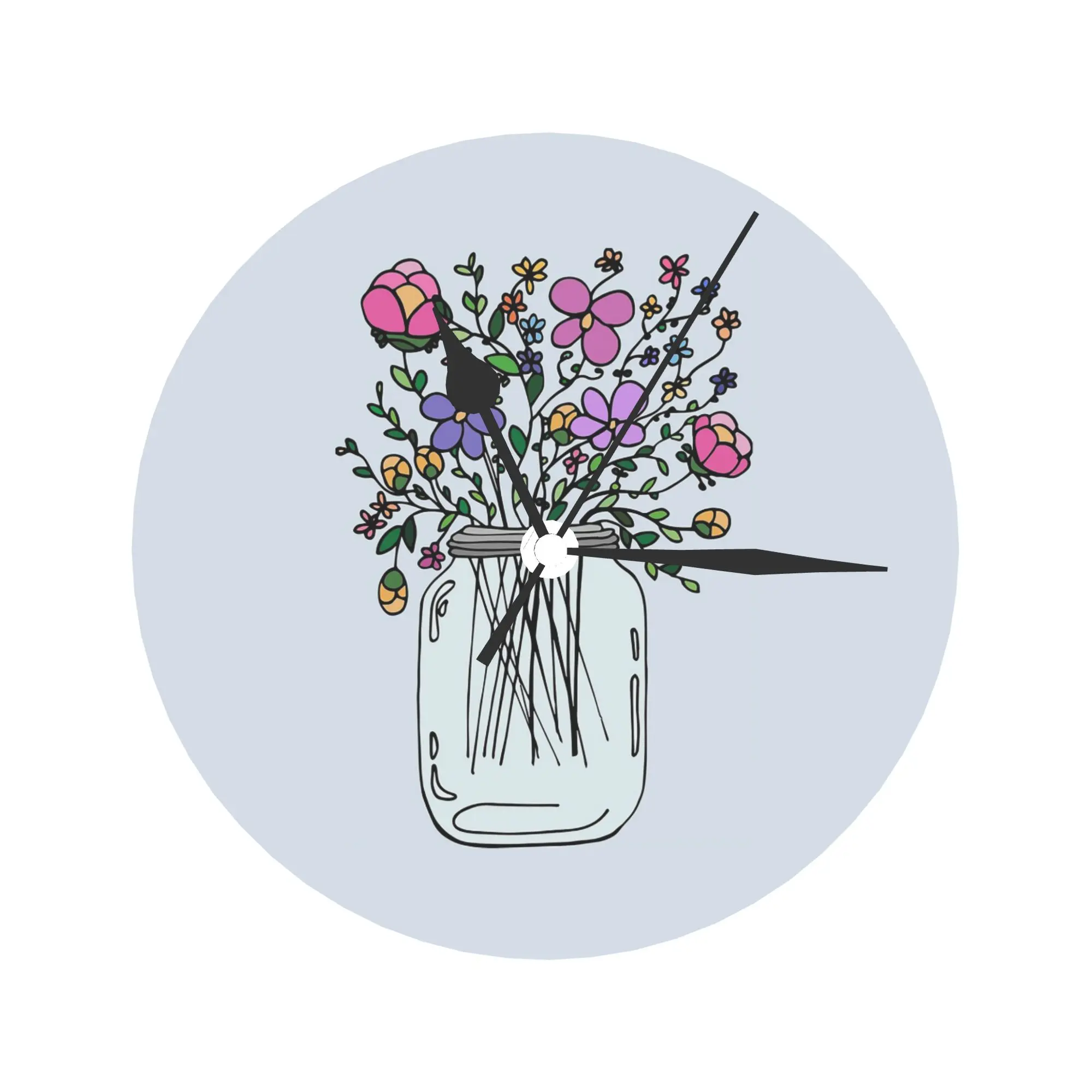 Mason Jar with Flowers Wall Clock Room Decoration Silent Round Clock for Bedroom Living Kitchen Home