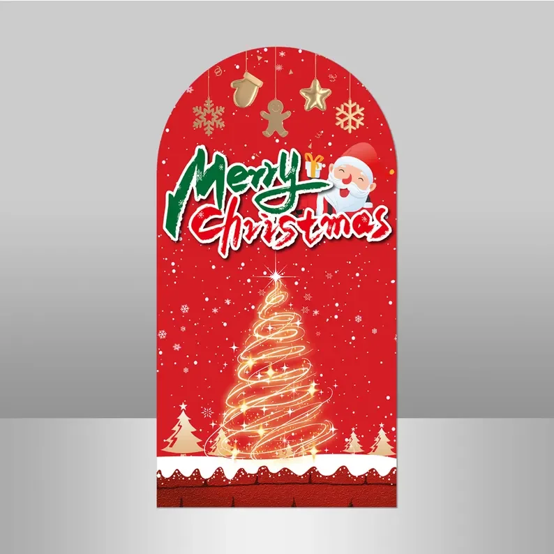 Mehofond Merry Christmas 2-Sided Arch Cover Backdrop Winter Snow Santa Claus Xmas Trees Party Red Window Decor Photo Studio