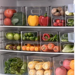 Refrigerator Organizer Bin Stackable Food Fridge Storage Box with Handle Clear Plastic Food Freezer Pantry Kitchen Organizer