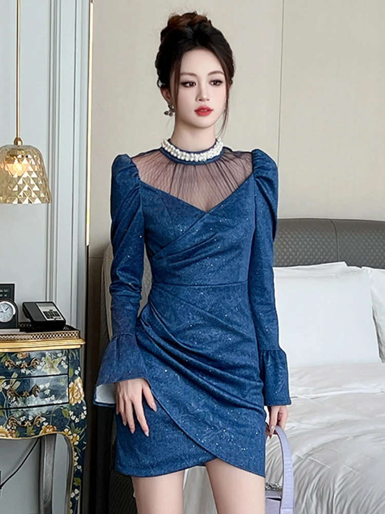 여성 의류 메쉬 시스루 섹시 플레어 슬리브 슬림 숏 드레스 우아한 여성 패션 이브닝 파티 프롬 베스티도 피에스타 캐주얼 신상품