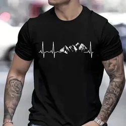 Men's T-shirt Novelty Mountain Heartbeat Pulse Line Tees Climbing Hiking Graphic Y2k Tops Casual Short Sleeve Oversized Clothing