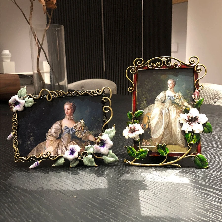 Vintage Enamel Floral Metal Frame, 4/6/7Inch Horizontal Vertical Dual Use Tabletop Display Holder, Wedding Photo Desk Home Decor