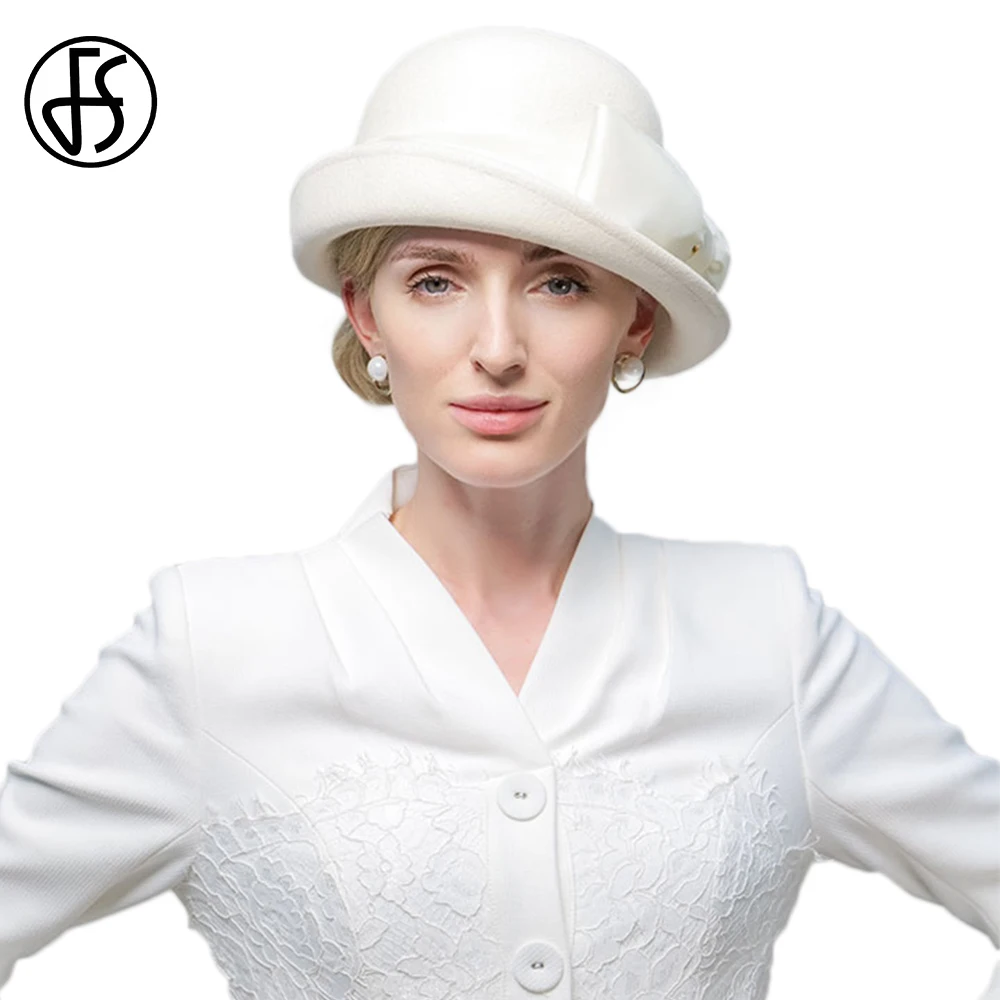 

Зимняя женская шляпа-фасинатор FS с изогнутым краем, из шерсти, черно-белая, для церкви, элегантная винтажная свадебная шляпка с бантом