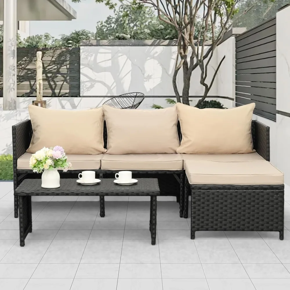 3-Piece Outdoor PE Rattan Furniture Set Patio Black Wicker Conversation Loveseat Sofa Sectional Couch Khaki Cushion