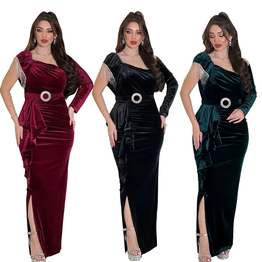 Fashion African Velvet Aesthetic Dresses Vintage Women Bandage Slit Hem Bodycon Dress Sexy Evening Wear Cheongsam Party Gown New