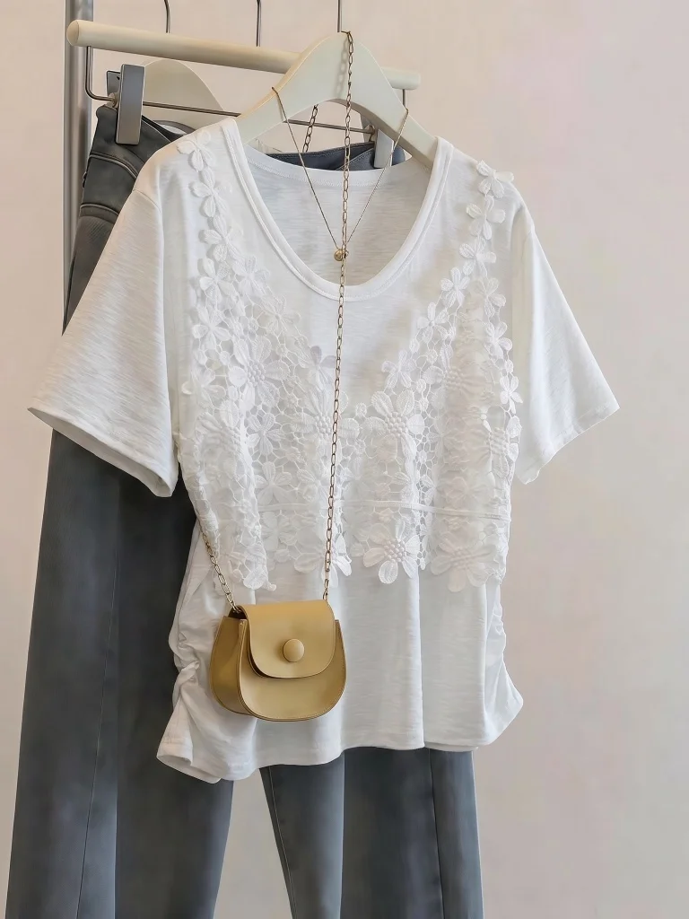 Light Blue Hollow out Short Sleeve T-Shirt Women's Summer New Style plus Size Fake Two-Piece Top Korean Style Loose Fit
