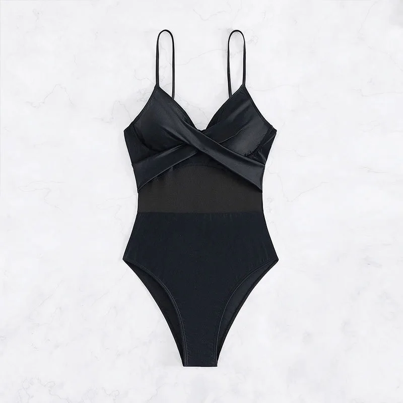 2024 Sexy Black Backless Swimwear Women Mesh Patchwork Push UP Cross One Piece Swimsuit Monokini Bodysuits Bathing Suit
