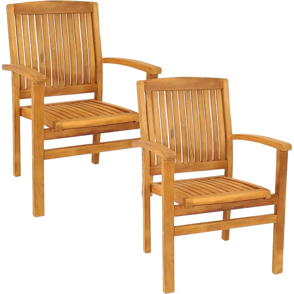

Outdoor Patio Dining Armchairs with Slat Back - Light Brown Finish - Set of 2