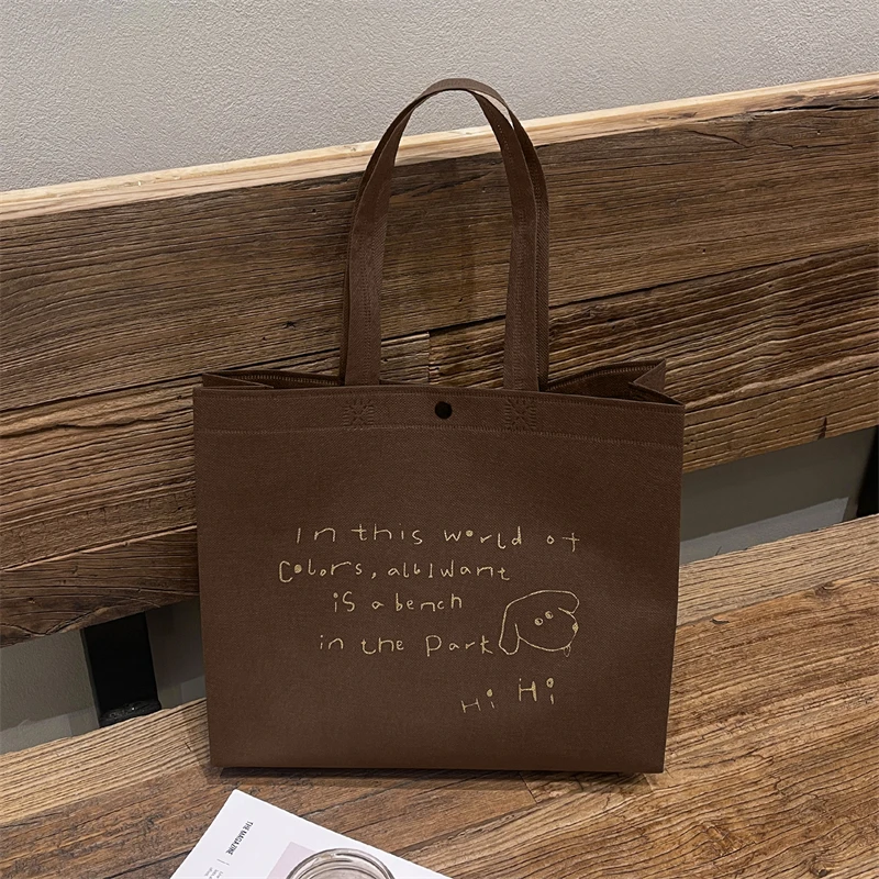 TETP 25Pcs Brown Dog Pattern Non-Woven Button Shopping Bags Eco Friendly Travel Woven Shopper Clothes Storage Tote Handbag