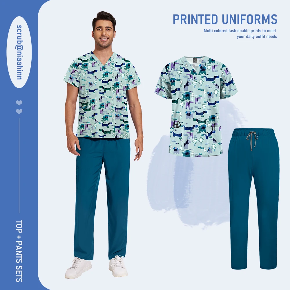 Мужской скраб для кормления, рабочая униформа для медсестры и врача, унисекс, больничный набор, высококачественная спецодежда с принтом, набор скрабов для ветеринарной лаборатории