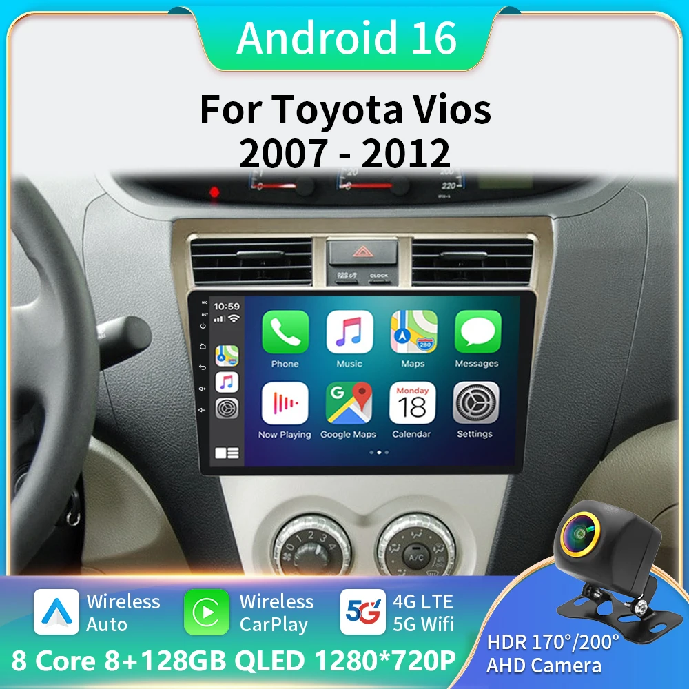 

Android 16 Car Stereo Radio For Toyota Vios Yaris 2007 2008-2012 Multimedia Video Player Carplay GPS Navigation With Scree 2 Din