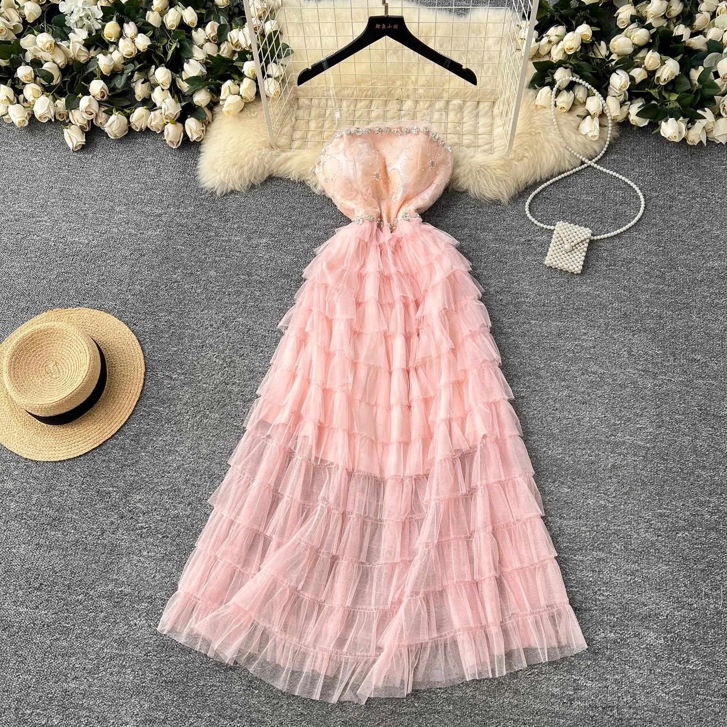 Kralen Mesh Jurk Vrouwen Slash Hals Mouwloze Elegante Kleding Dame Streetwear Avondfeest Vestidos Bodycon