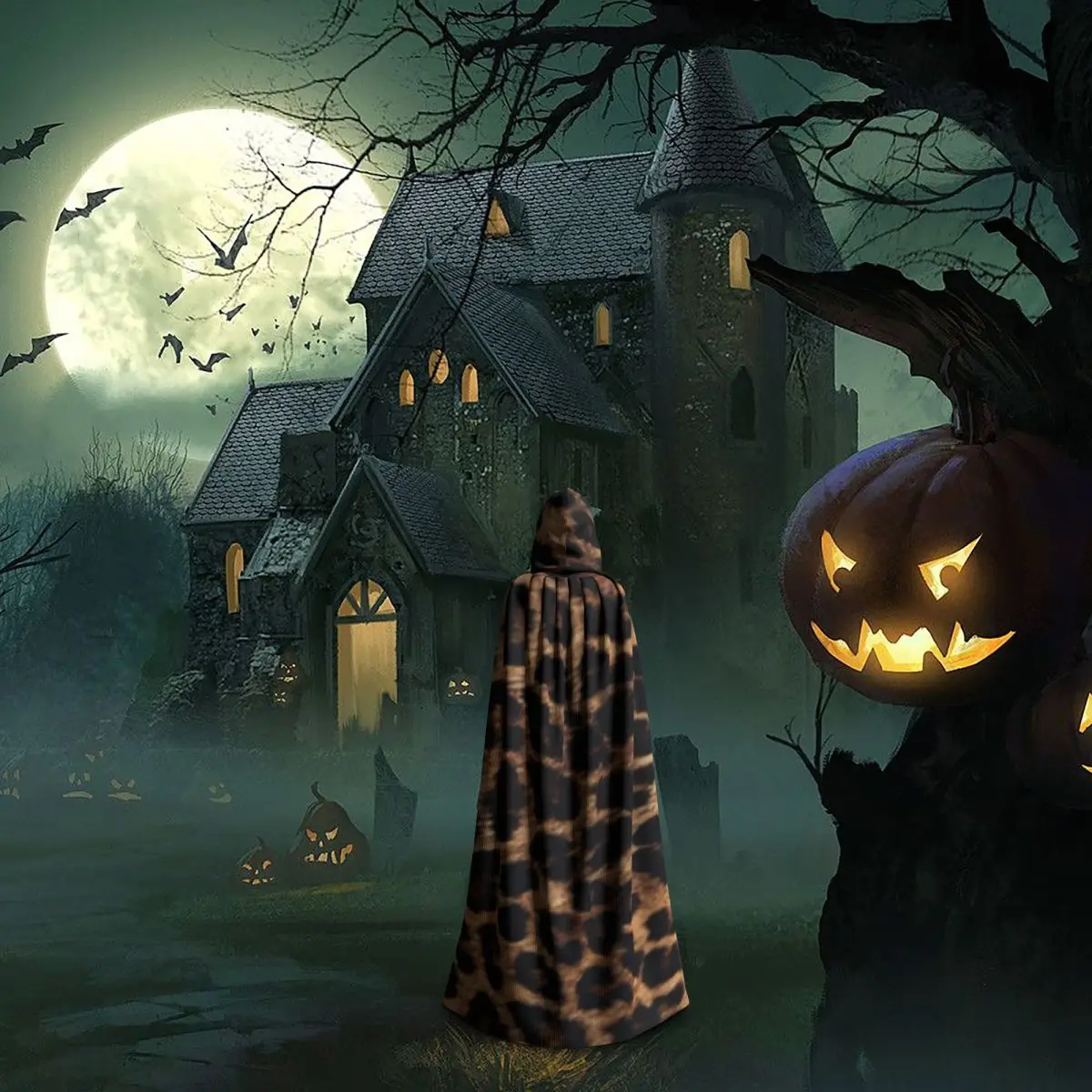 Leopard Print Long Hooded Cloak Witch Medieval Costume Cosplay Cape HalloweenParty Adult Unisex