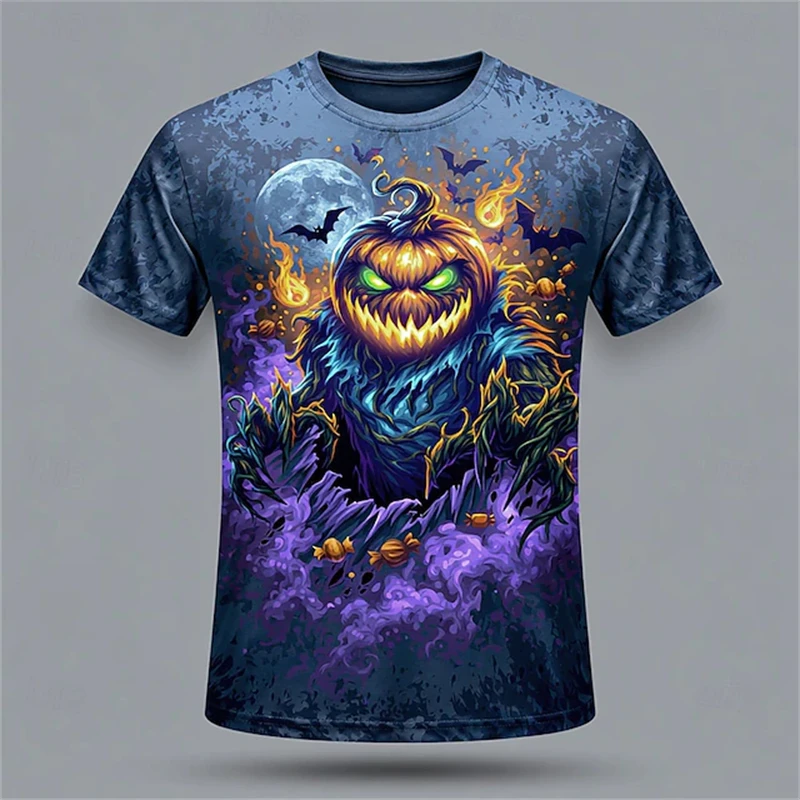 Men's Summer 3D-Printed Round-Neck Short-Sleeve T-Shirt with Tear-Art Pumpkin Scarecrow Beer and Halloween Horror Theme