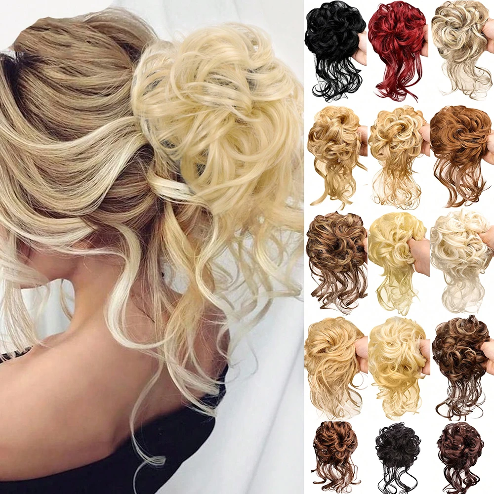 

Synthetic Messy Curly Hair Tie With Elastic Band Black Gold Heat Resistant High Temperature Fiber Women Bun Hairpieces