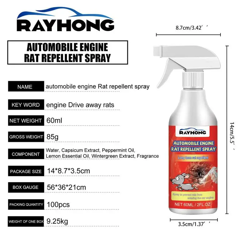 Spray per topi olio di menta piperita Spray per la protezione del motore 60ml Spray per olio di menta piperita sicuro per la famiglia di animali domestici naturali per la prevenzione dei topi