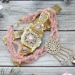 Sunspicems Algeria Moroccan Jewelry Sets Pink Stone Choker Necklace Caftan Belt Waist Chain Adjustable Gold Color Bridal Bijoux