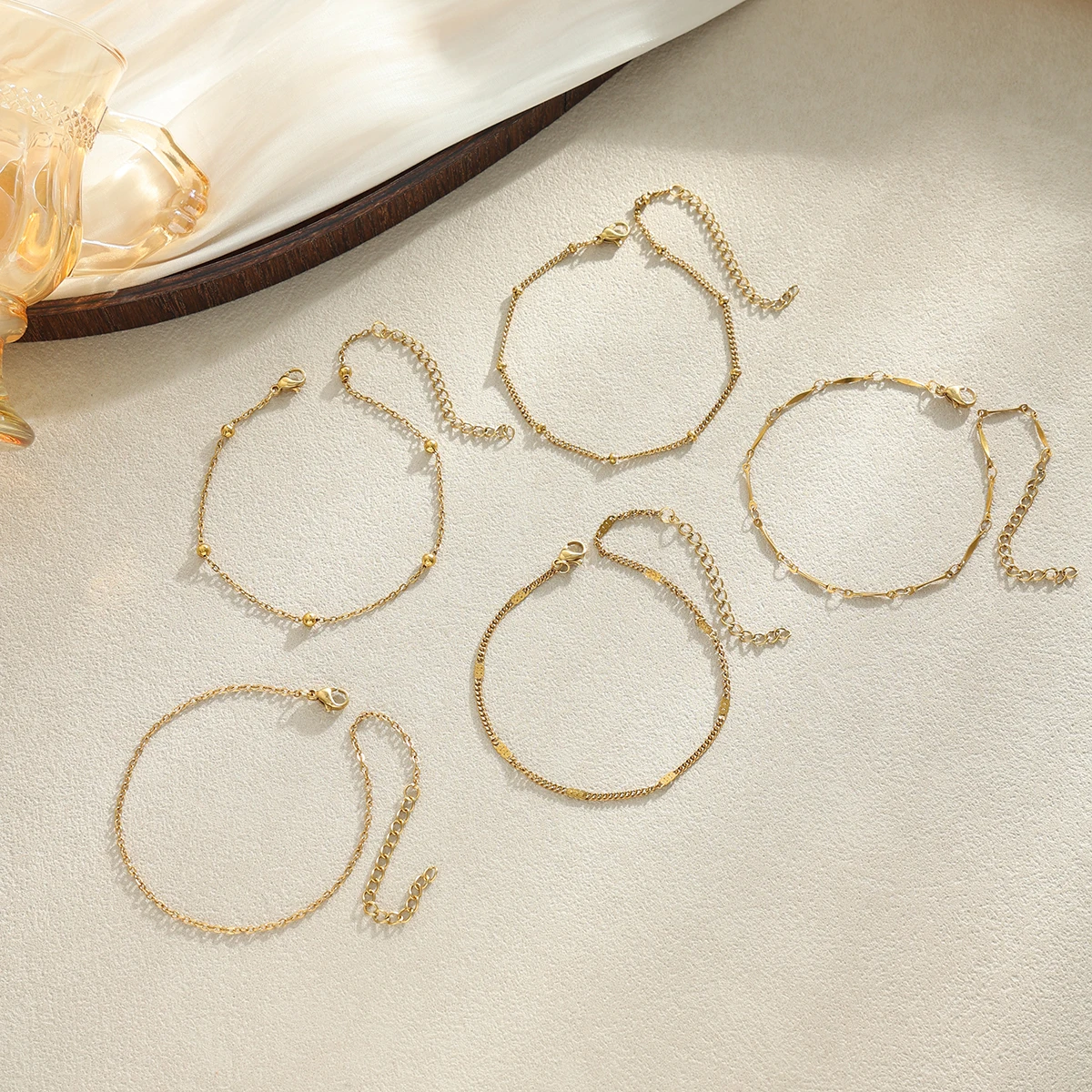 Salircon 5Pcs/Set Minimalism Trendy 18k Gold Plated Stainless Steel Waterproof Anklets Foot Chain Women Summer Beach Jewelry