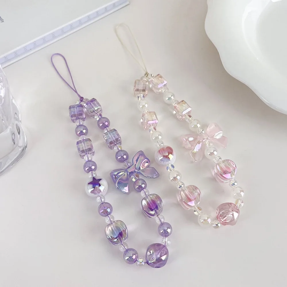 Sweet Candy Color Mobile Phone Chain Cute Bow Beaded Cellphone Pendant Charms Women Cell Phone Case Anti-loss Lanyard Jewelry image 3