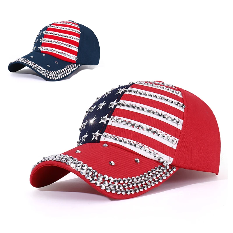 Trendy USA Flag Baseball Cap Sparkle Studded Flag Diamond Rivet Hip Hop Hat Man Women Unisex Adjustable Fashion Rap Rock Hats