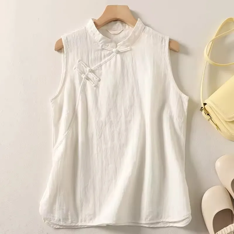 2025 Vintage Chinese Style Cotton Linen Vest Jacket Women Summer Sleeveless Waistcoats Buckle Stand Collar Split Linen Blouse
