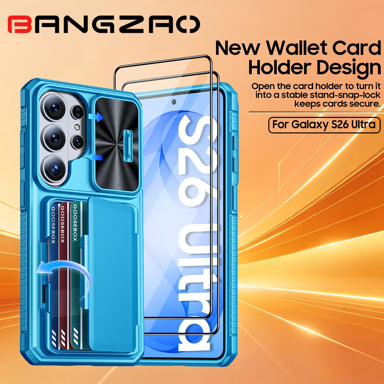 For Samsung Galaxy S26 Ultra Phone Case,with Card Holder Sliding Camera Cover And Stand, Anti-Fall PC+TPU Wallet Case-Light Blue