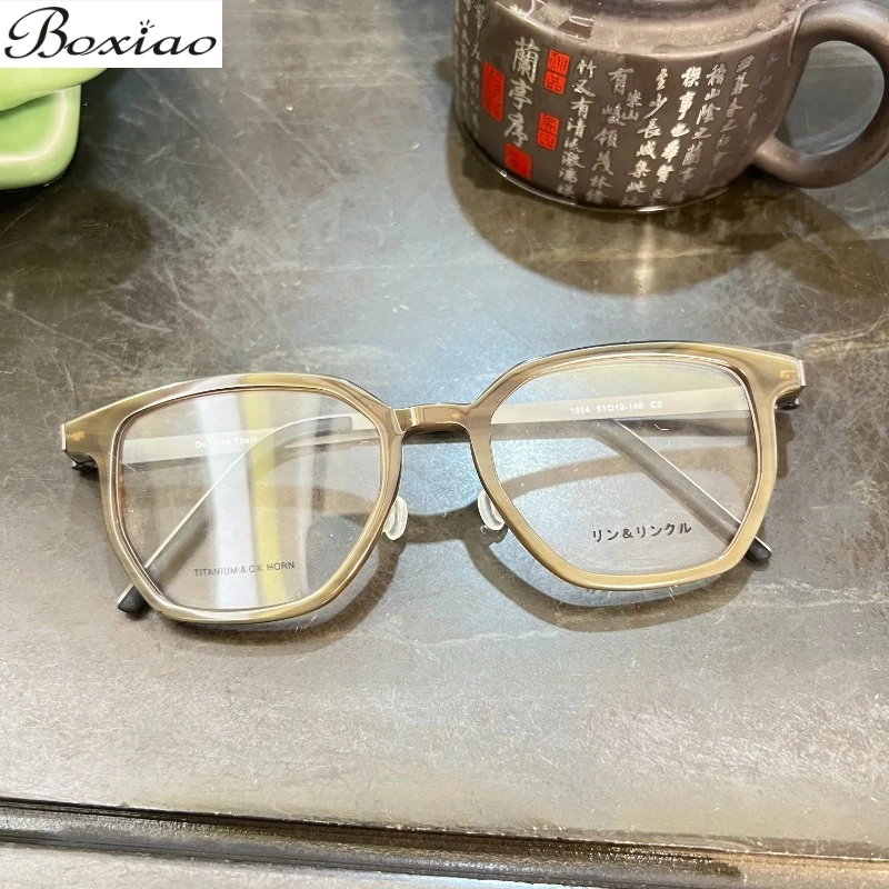 

Natural Horn Glasses Frame Pure Titanium Lightweight Anti Blue Light Myopia and Presbyopia Linde 1864