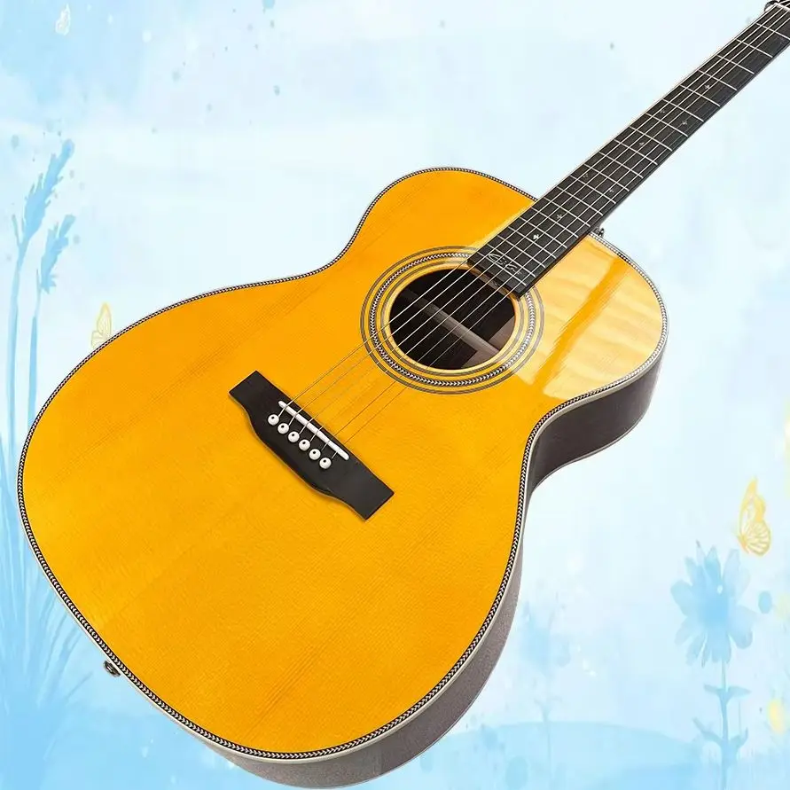 Solid Spruce Top, Handmade 000 28 style EC Signature Auditorium Acoustic Guitar Yellow Color,  Back And Side Are Laminate Rosewood, Rosewood Fretboard, 20 Frets, Bone Nut & Saddle，Ideal For Country, Blue, Jazz,Professional Guitar