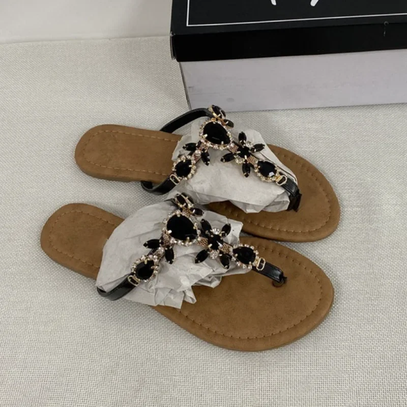 2024 Trendy Summer Women\'s Shoes Large Size Beautiful Crystal Shiny Flat with Female Sandals Bohemia Back Strap Footwear