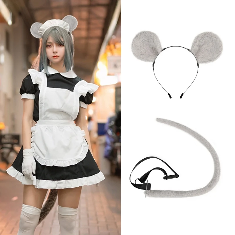 Q0KE Animal Cosplay Costumes Faux Fur Mouse Cat Wolf Furry Tail and Ears Headband for Halloween Party Costume Accessories