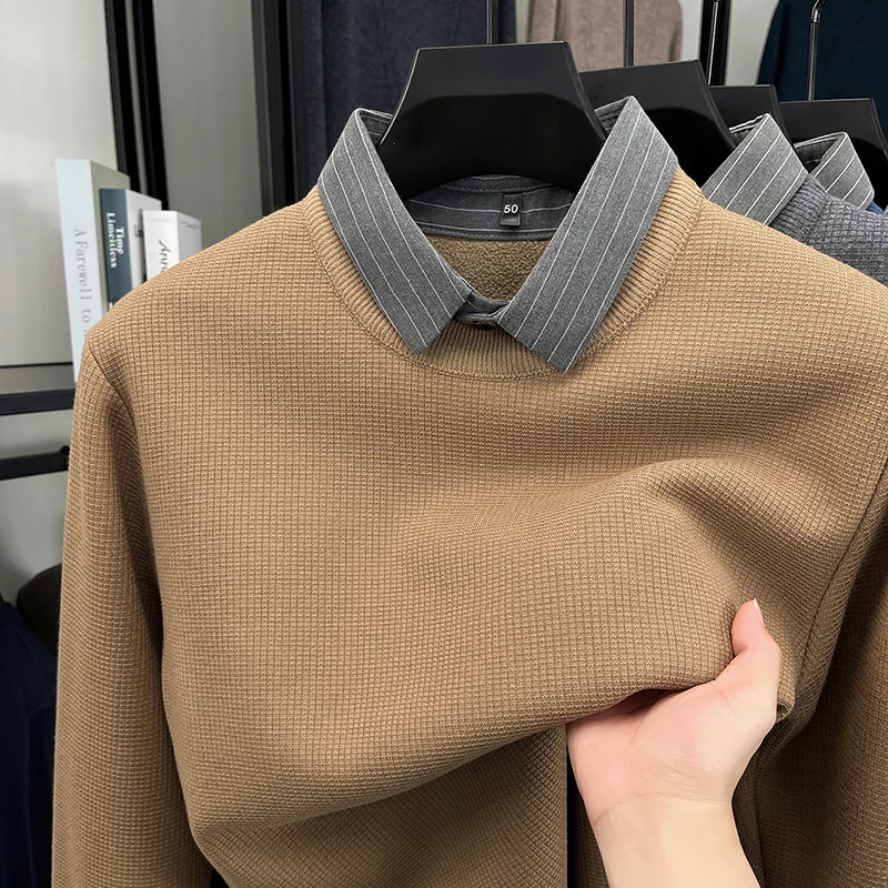 

Высококачественная шерсть Личность поддельные два мужских свитера модные бренды комфортабельные трикотажные роскошные новые модные полосатые Перевернутый воротник джемпер