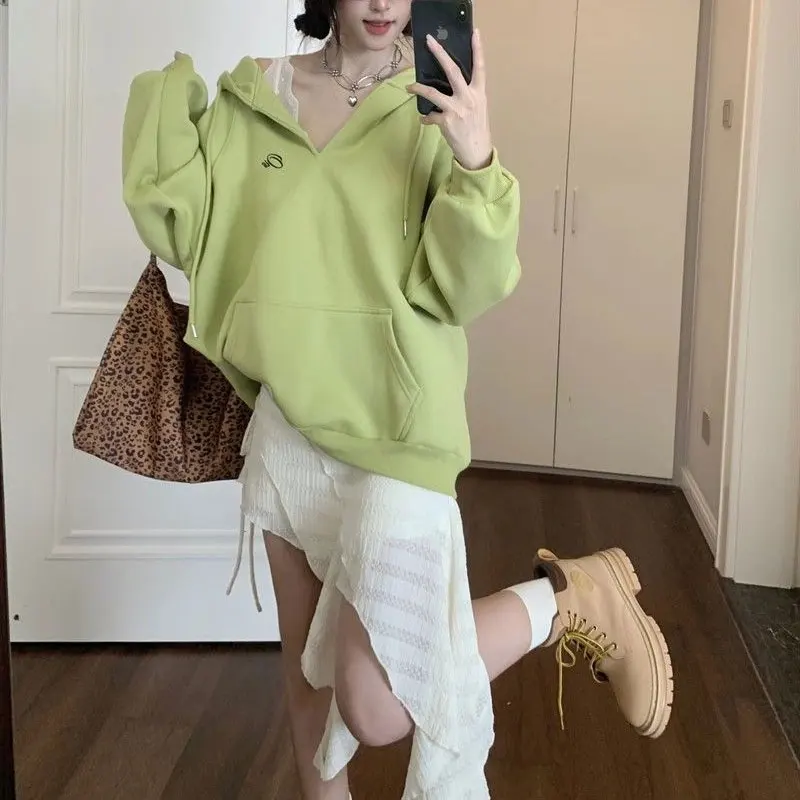 Casual Letter Embroidery Loose Sweatshirts Women's Clothing Korean Hooded Autumn Fashion Drawstring Basic Long Sleeve Hoodies
