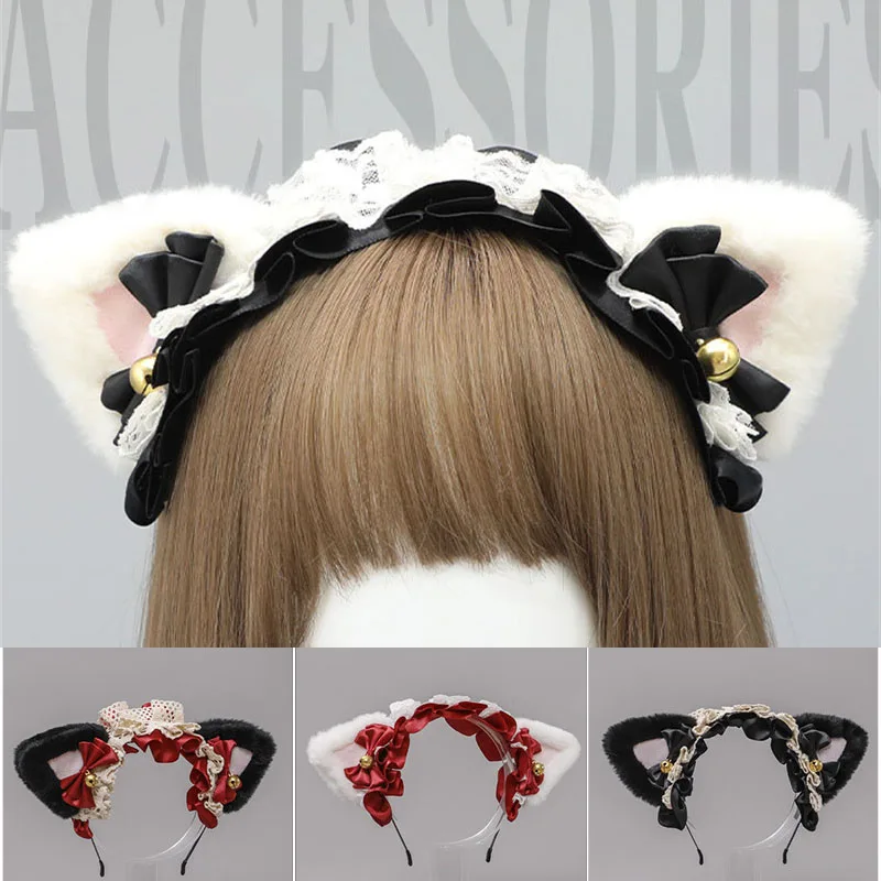 

Lolita Kawaii Maid Hairband Women Girls Ruffles Lace Hair Band Cat Ears Ribbon Bell Headband Cosplay Party Hair Accessories