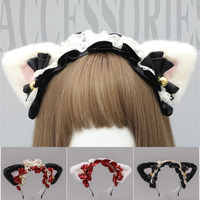 Lolita Kawaii Maid Hairband Women Girls Ruffles Lace Hair Band Cat Ears Ribbon Bell Headband Cosplay Party Hair Accessories
