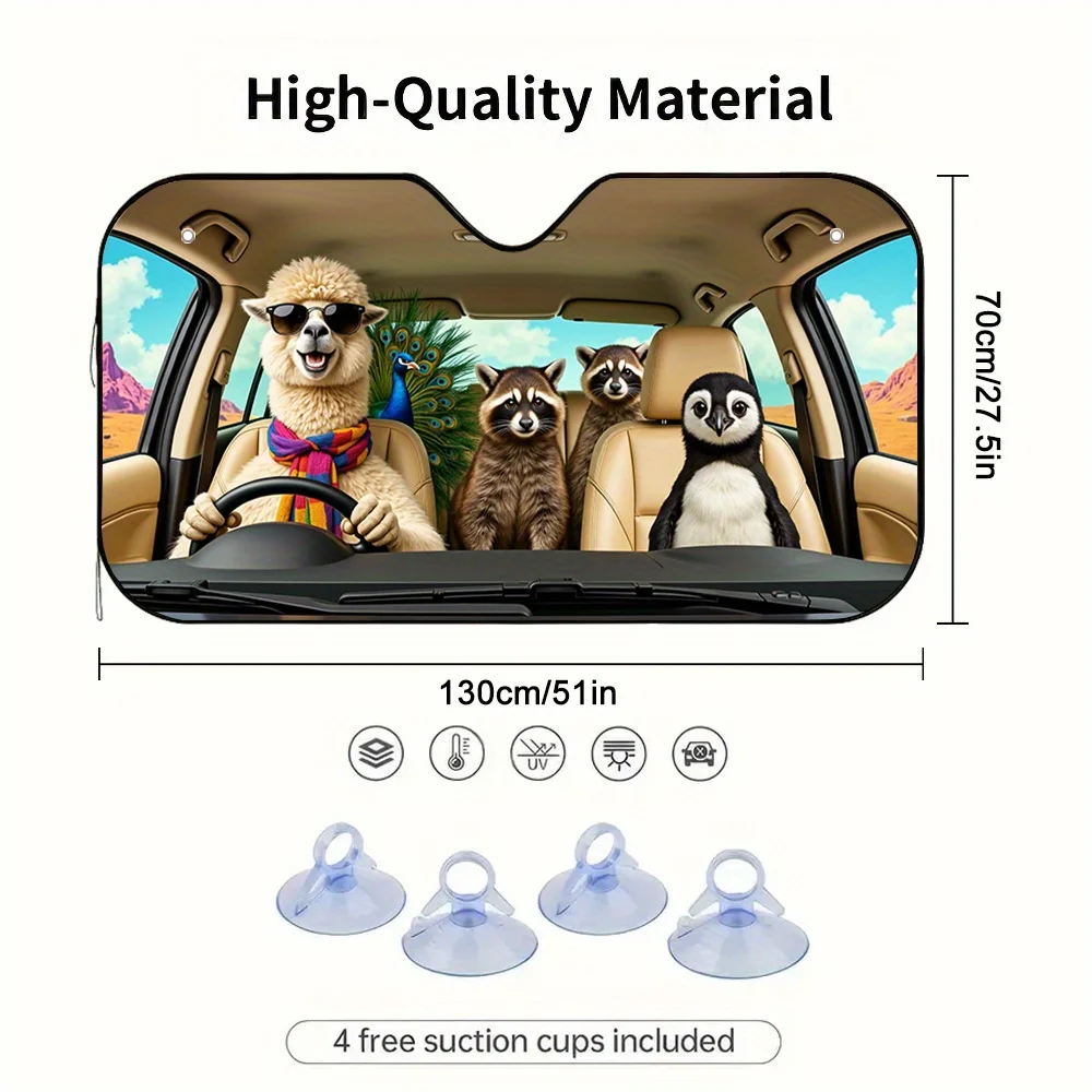 1pc Wild Ride Menagerie Car Sun Visor - 2D Flat Printing, Reduces Sunlight Reflection, Cute Animal Design With Llama, Raccoon, P