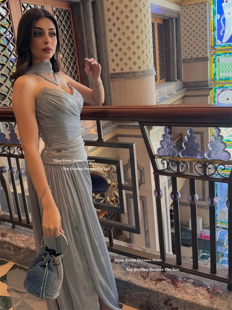 Xijun Abiti da sera lunghi a sirena blu Raso di seta Sweetheart Pieghe Abiti da ballo Sciarpa Abiti da ballo di lusso arabi sauditi Personalizz
