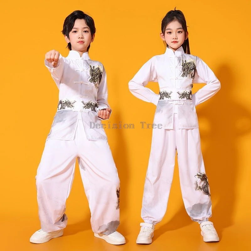 

2025 new chinese ink dragon printing wushu garment kids' martial arts performance clothing kick boxing sanda kung fu outfit