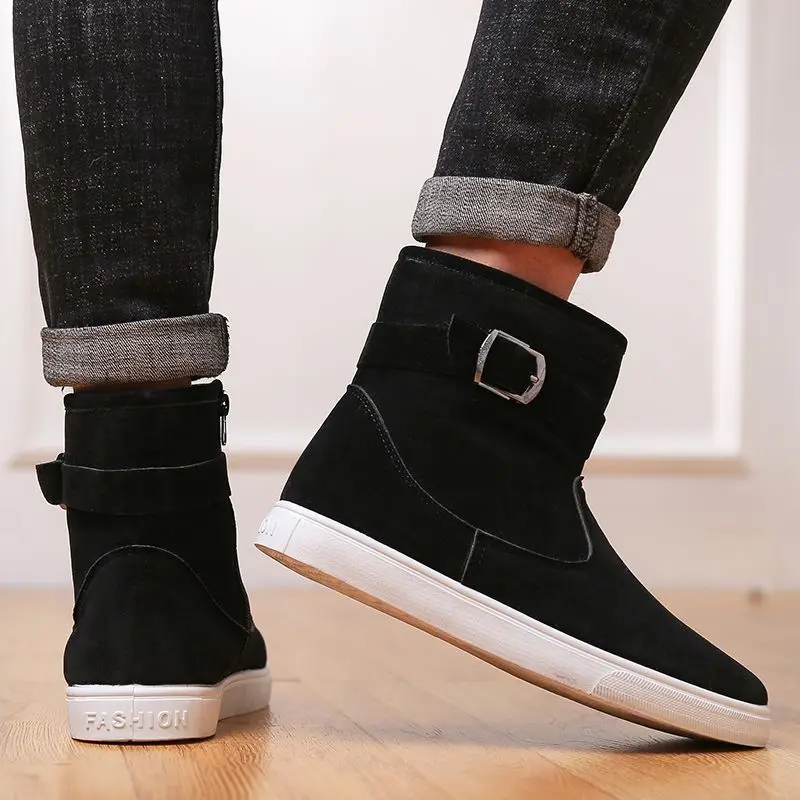2025 Winter Men's Snow Boots High Top Fleece Lined Thickened Warm Cotton Padded Flat Slip Resistant Black Korean Versatile