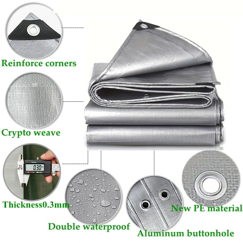 Large Waterproof Tarp 3mx5 6 8 4x4 5 6 8 10 12 20m 5*5 6x6 Sun Shade Tarpaulin Tent Camp Silver Canopy Rain Cover Awning Outdoor