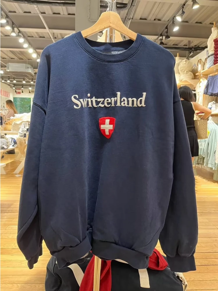Casual Women Navy Sweatshirts 2023 Fall Vintage O Neck Switzerland Embroidery Sweaters Female Chic Pullovers