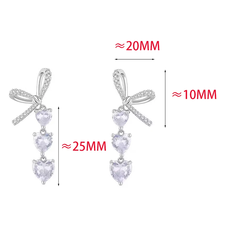 

Real 925 Sterling Silver Full Zircon Bowknot Heart Tassel Stud Earrings for Women Minimalist Fine Jewelry Cute Accessories