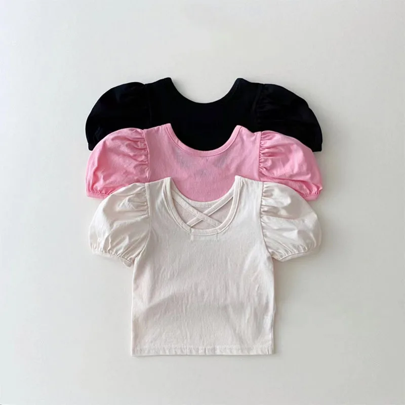 2024 Summer New Baby Short Sleeve T Shirts Fashion Girls Puff Sleeve T Shirts Solid Kids Casual Cotton T Shirts Infant  Baby Top