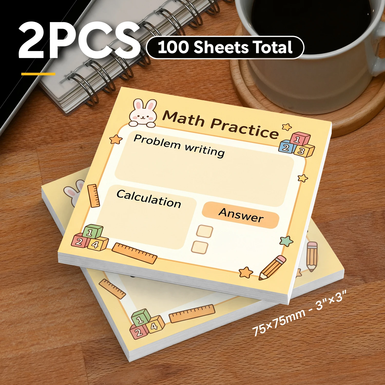 2pcs Math Practice Sticky Notes, Kids Learning Memo Pads, 100 Sheets Total, Removable Self-Adhesive Notes for Problem Writing