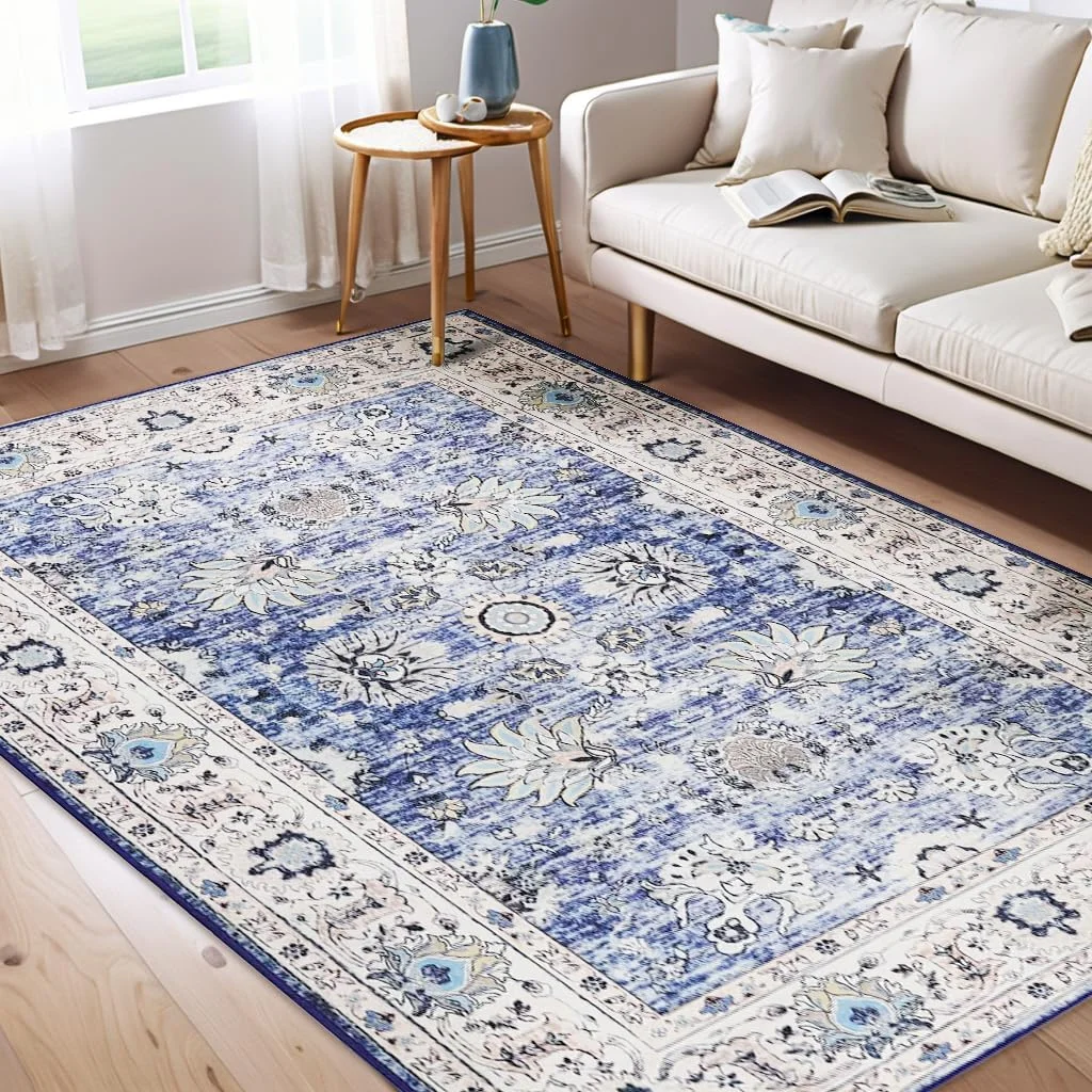 

Washable Area Rug , Non-Slip Vintage Floral Rug Stain Resistant Chenille Throw Carpet for Living Room Bedroom Kitchen Dining Roo